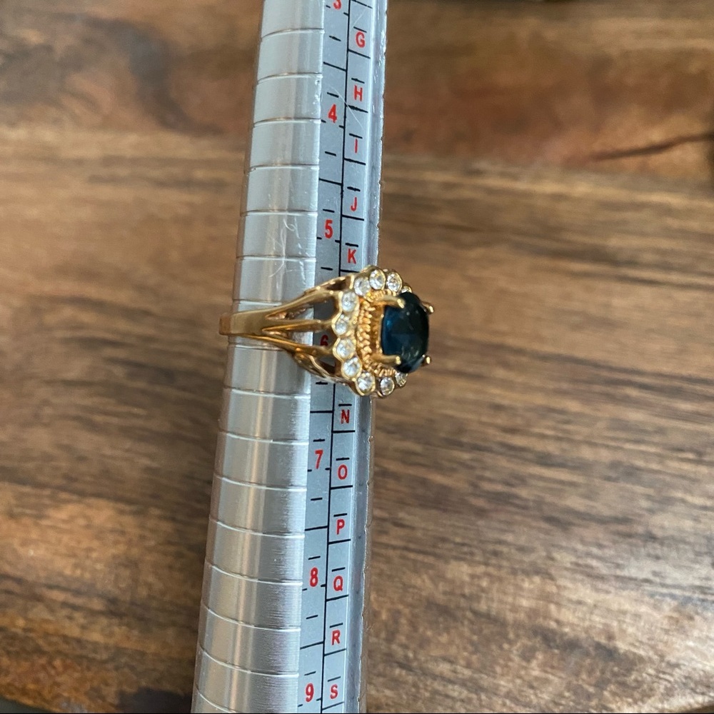 14k Yellow Gold Plated Blue & Clear Stone Flower Ring - Picture 14 of 15